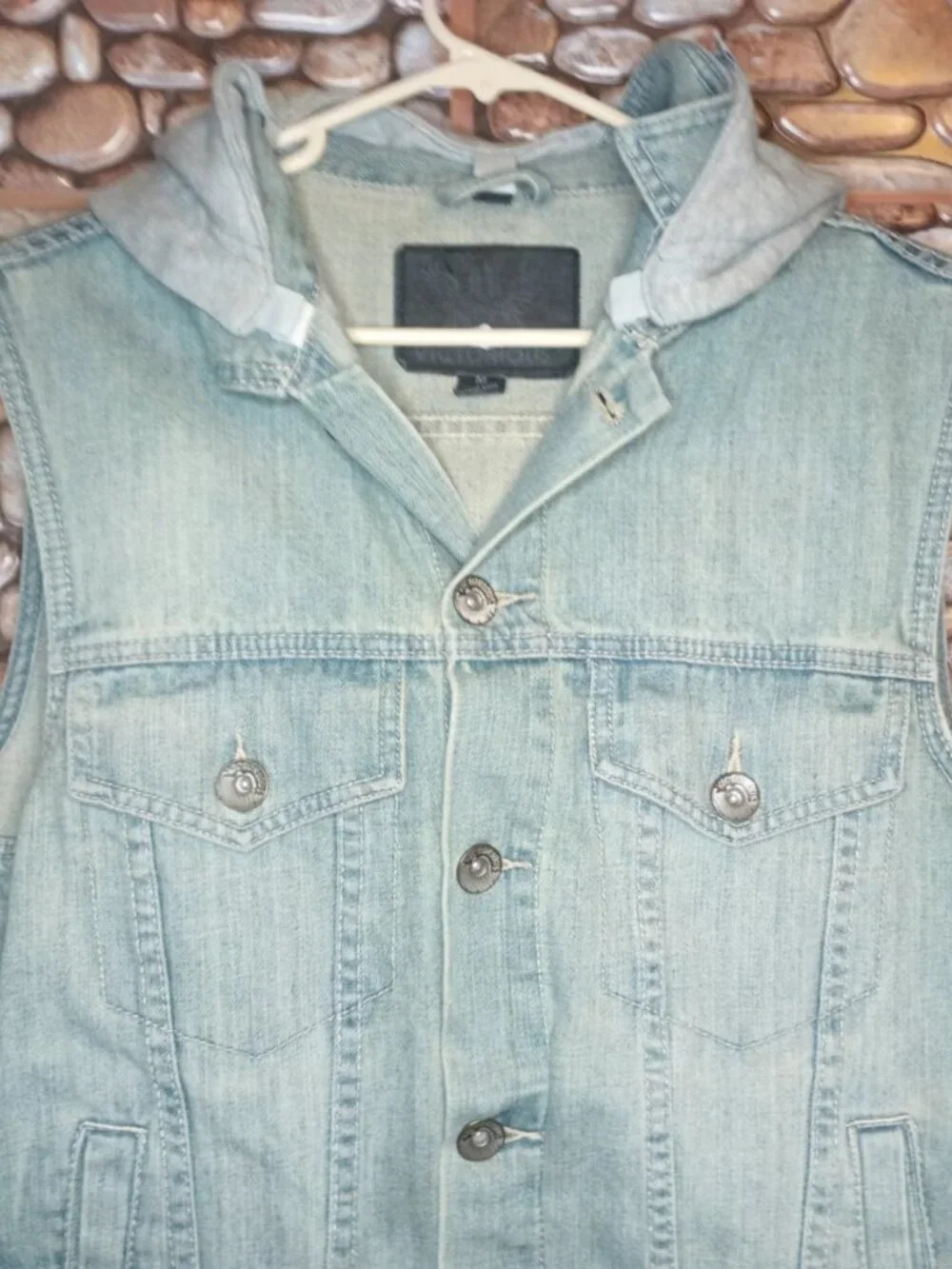 Sleeveless Denim Vest Detachable Hood Stone Wash Blue & Gray Size M Grunge - Picture 9 of 16